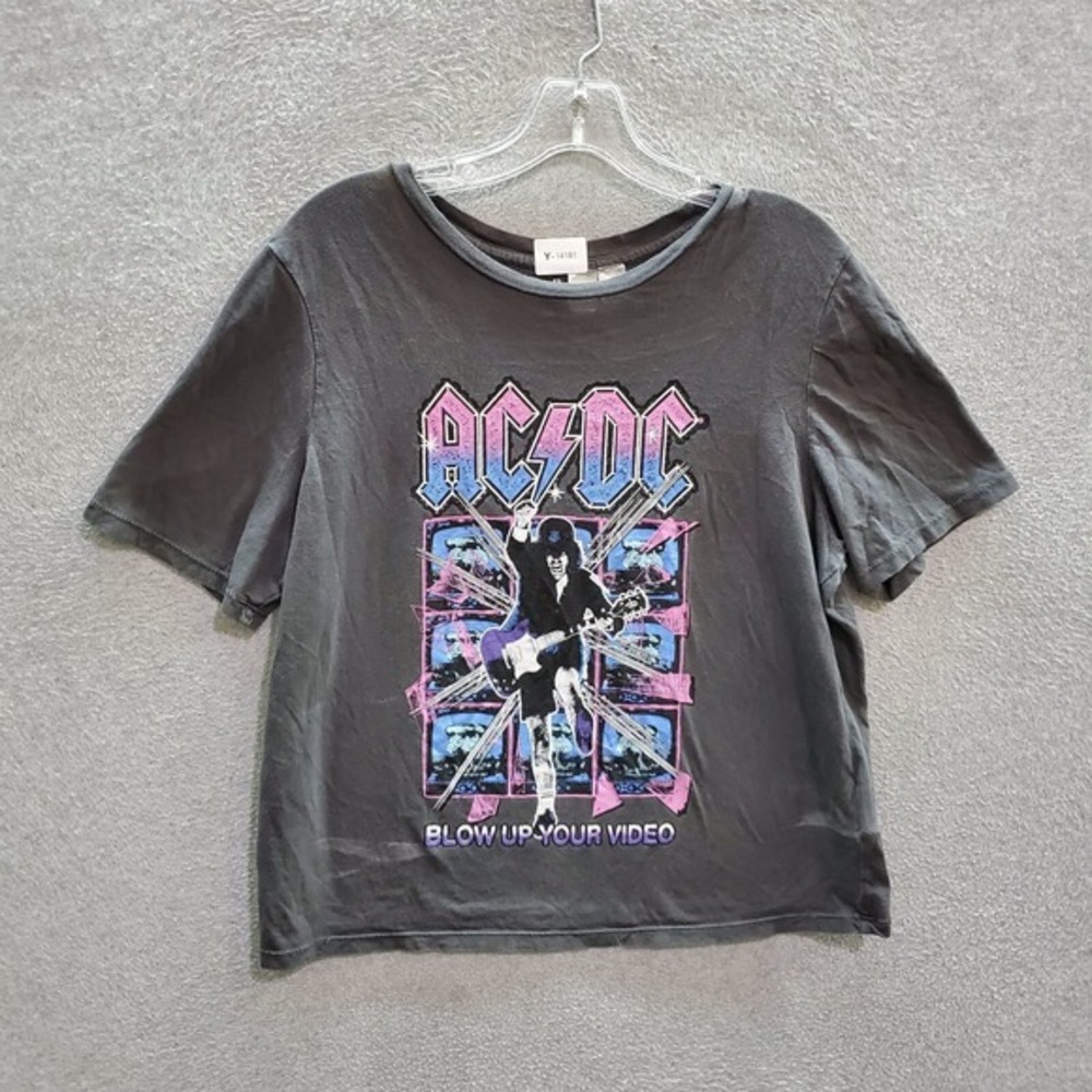ACDC Women Top Small Gray Crop T-Shirt Logo Blow Up Your Video Tee